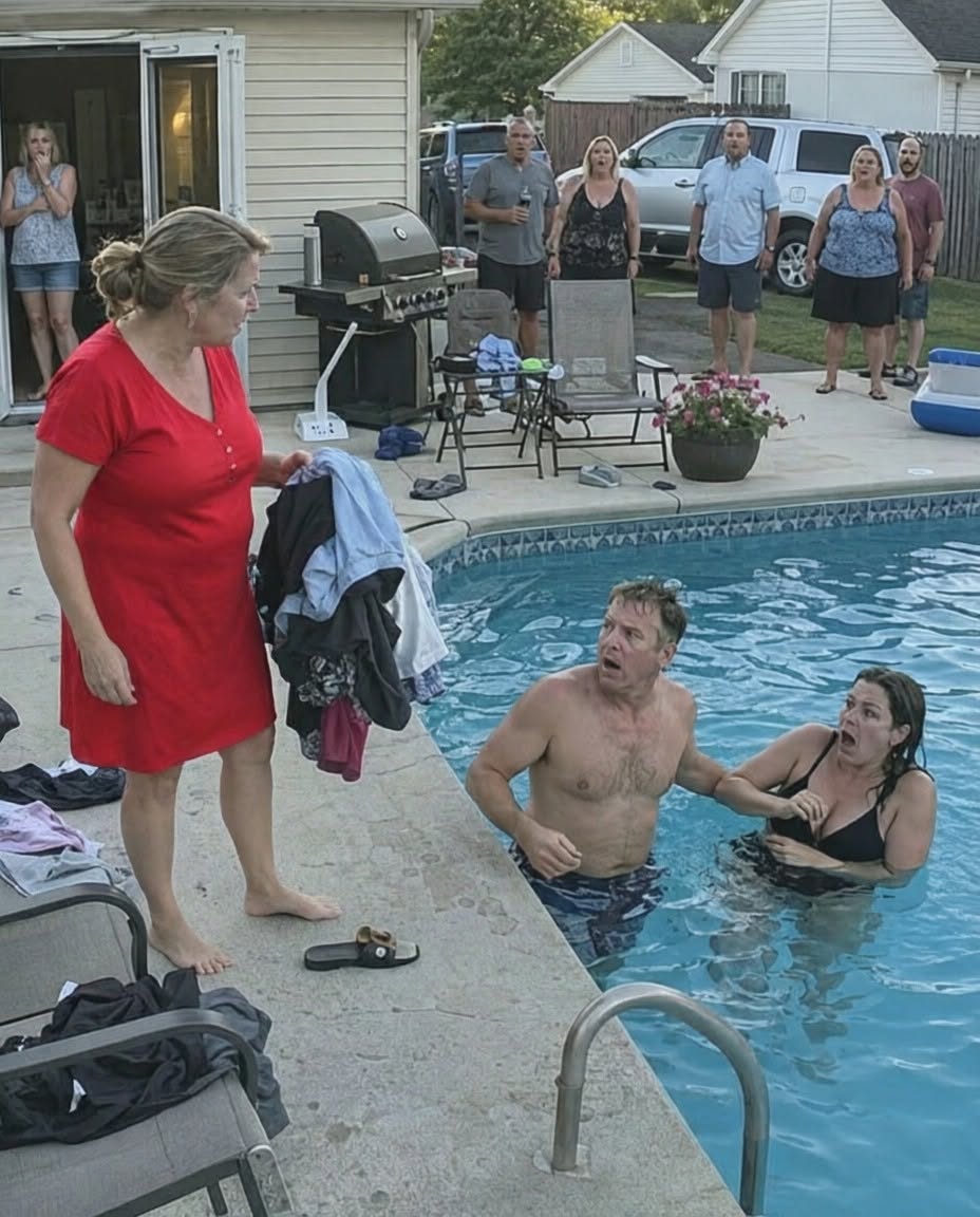At 5:42 p.m., I found my husband in our $18,000 backyard pool with the neighbor who borrowed sugar every Tuesday. He whispered, “Don’t make a scene.” So I picked up their clothes, pressed one button, and let the whole subdivision hear the truth.