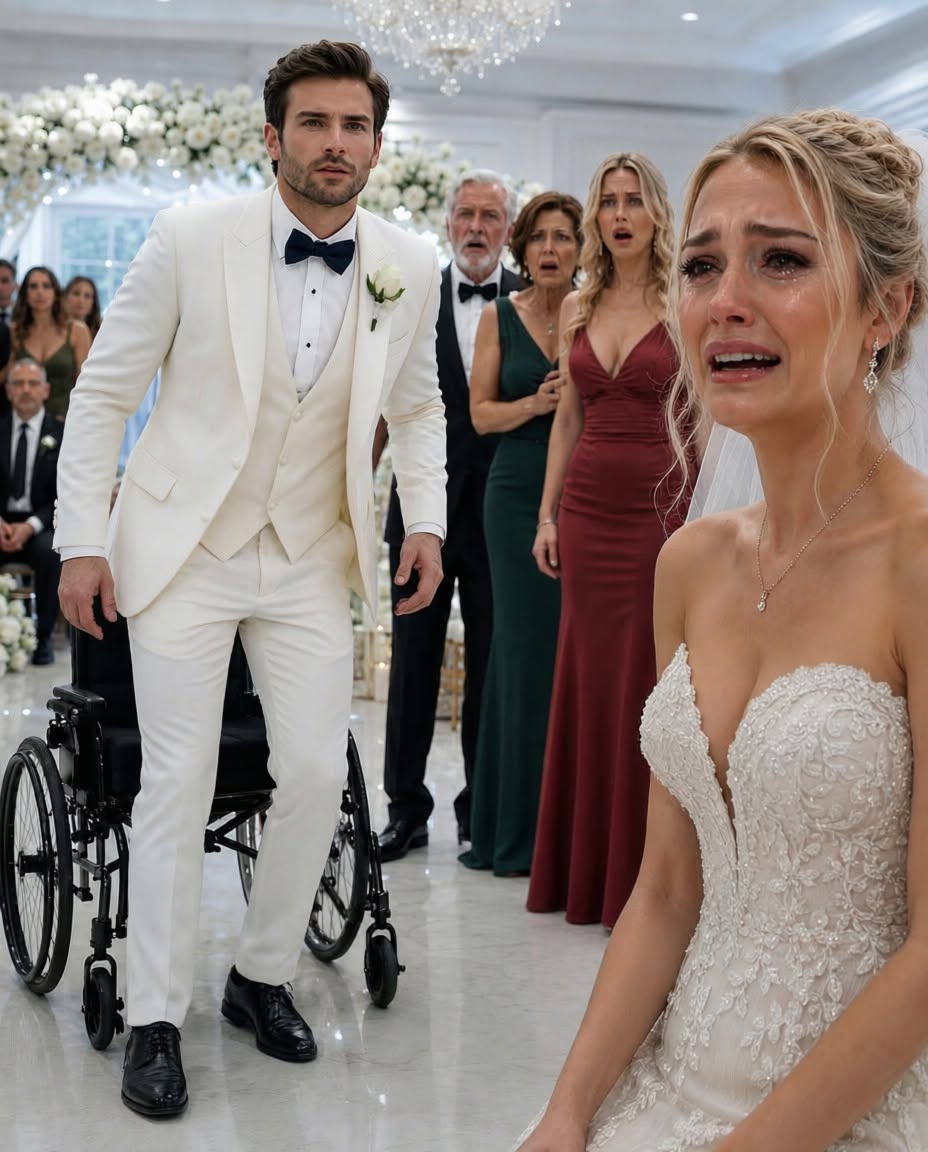 My parents and sister burst out laughing at my wedding. “Of course, only a cripple would marry a loser like her,” my father sneered. I lowered my gaze while the guests shifted uncomfortably. Then the groom locked his wheelchair brakes, stood up perfectly straight, and exposed a devastating truth that left all three of them walking out of my wedding bankrupt, publicly ruined, and pleading for mercy.