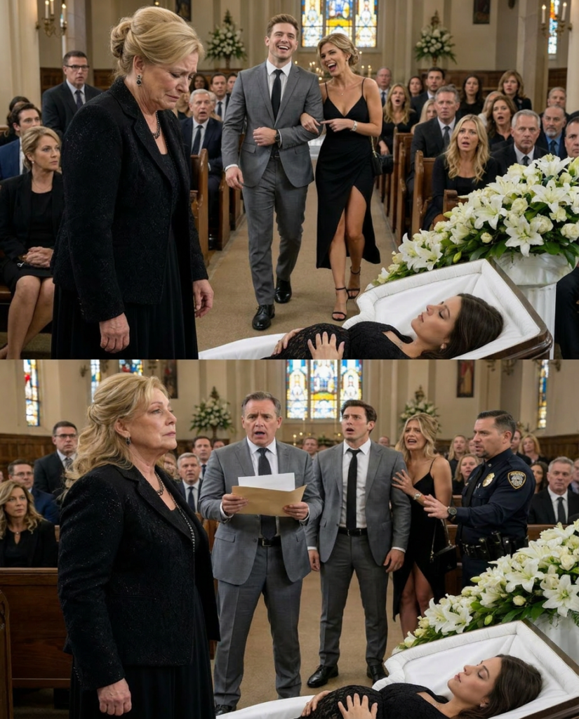 "My pregnant daughter was resting in a casket—and her husband arrived acting like it was a gala. He strolled in laughing with his mistress on his arm, her heels echoing on the chapel tiles like applause. She even leaned in close and whispered, “Guess I win.” I choked back my scream and stared at my daughter’s pale fingers, still, forever. Then the attorney stepped toward the altar, clutching a sealed envelope. “Before she is laid to rest,” he declared, his voice cutting, “her final testament must be read.” My son-in-law smirked—until the attorney spoke the first name. And the arrogance melted right off his face."