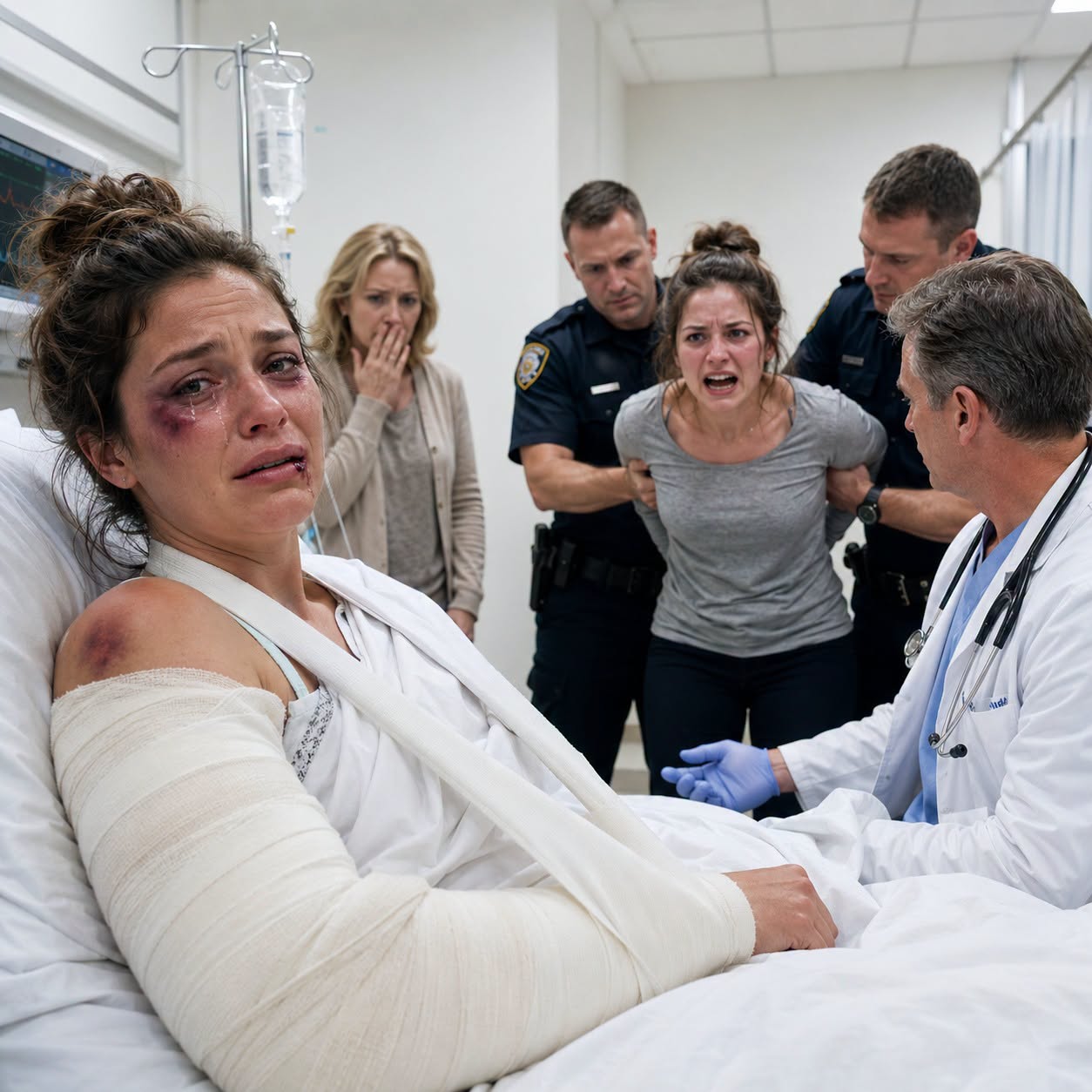 My sister wrenched my arm backward until the bone snapped, then left me gasping on the rug. At the ER, my mother leaned close and whispered, “Tell them you tripped on the stairs.