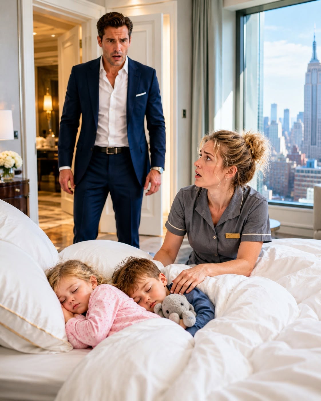 When I walked into my penthouse suite after midnight, I expected to find a forgotten contract and a glass of bourbon. Instead, I found two little twins asleep in my bed and their terrified mother standing in the doorway.