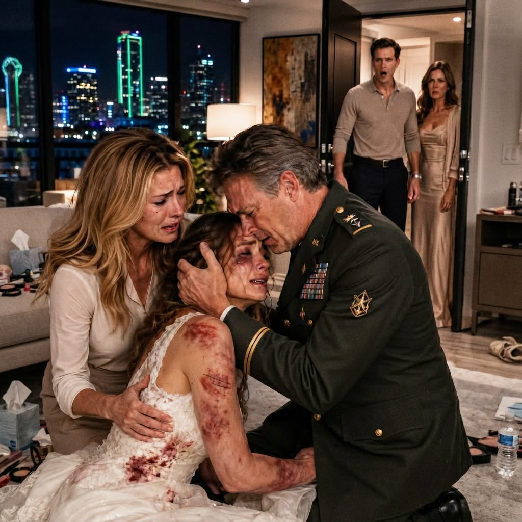 At 3 AM, my daughter stumbled through my door in her torn, blood-stained wedding dress—then whispered that her mother-in-law had beaten her for refusing to sign over the condo. So I called the father I’d avoided for years.