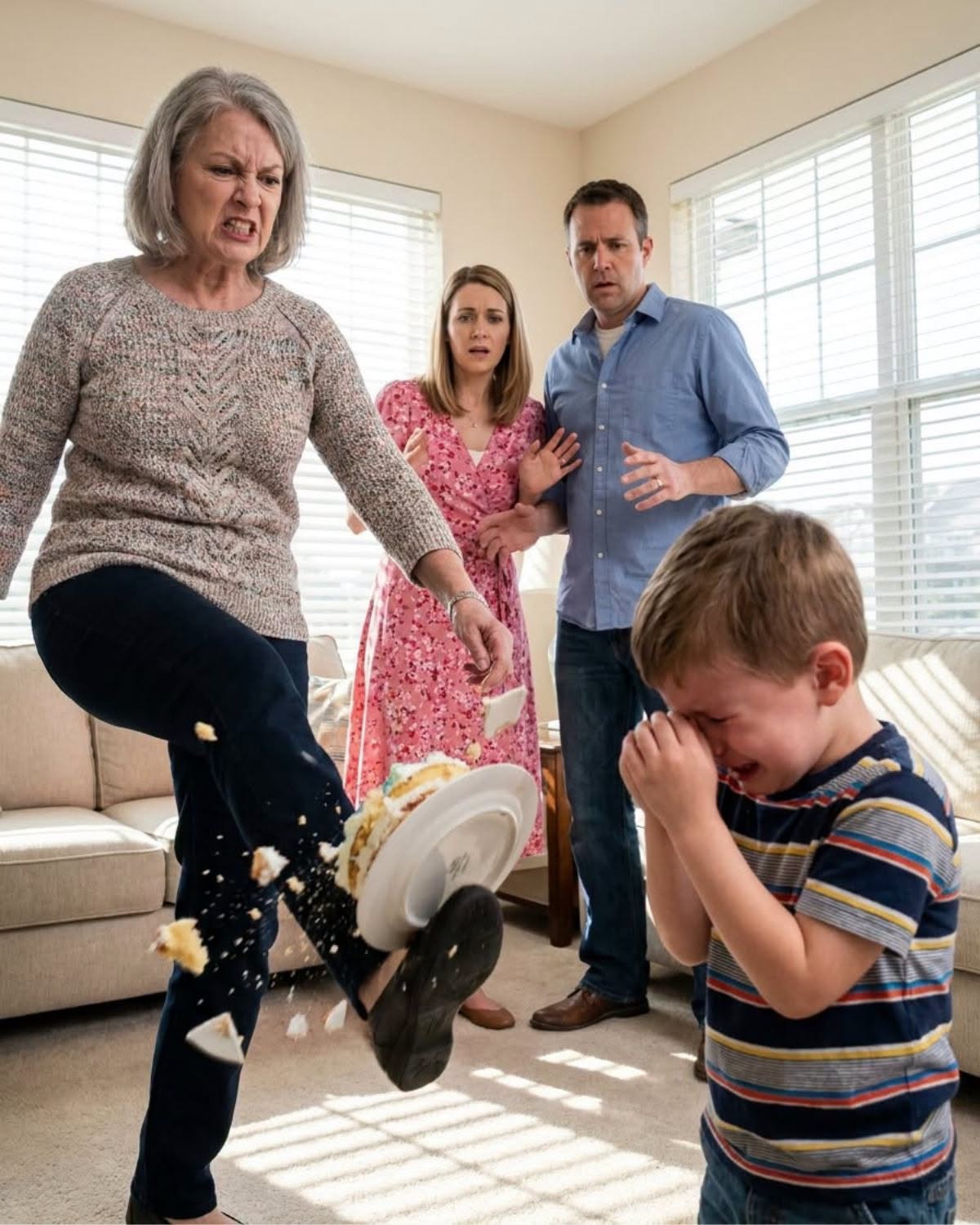 My 4-year-old son carried a slice of homemade tart to offer to my mother-in-law in front of twenty relatives, but she kicked the plate, sending it flying across the patio while shouting: "Never call me grandma again.