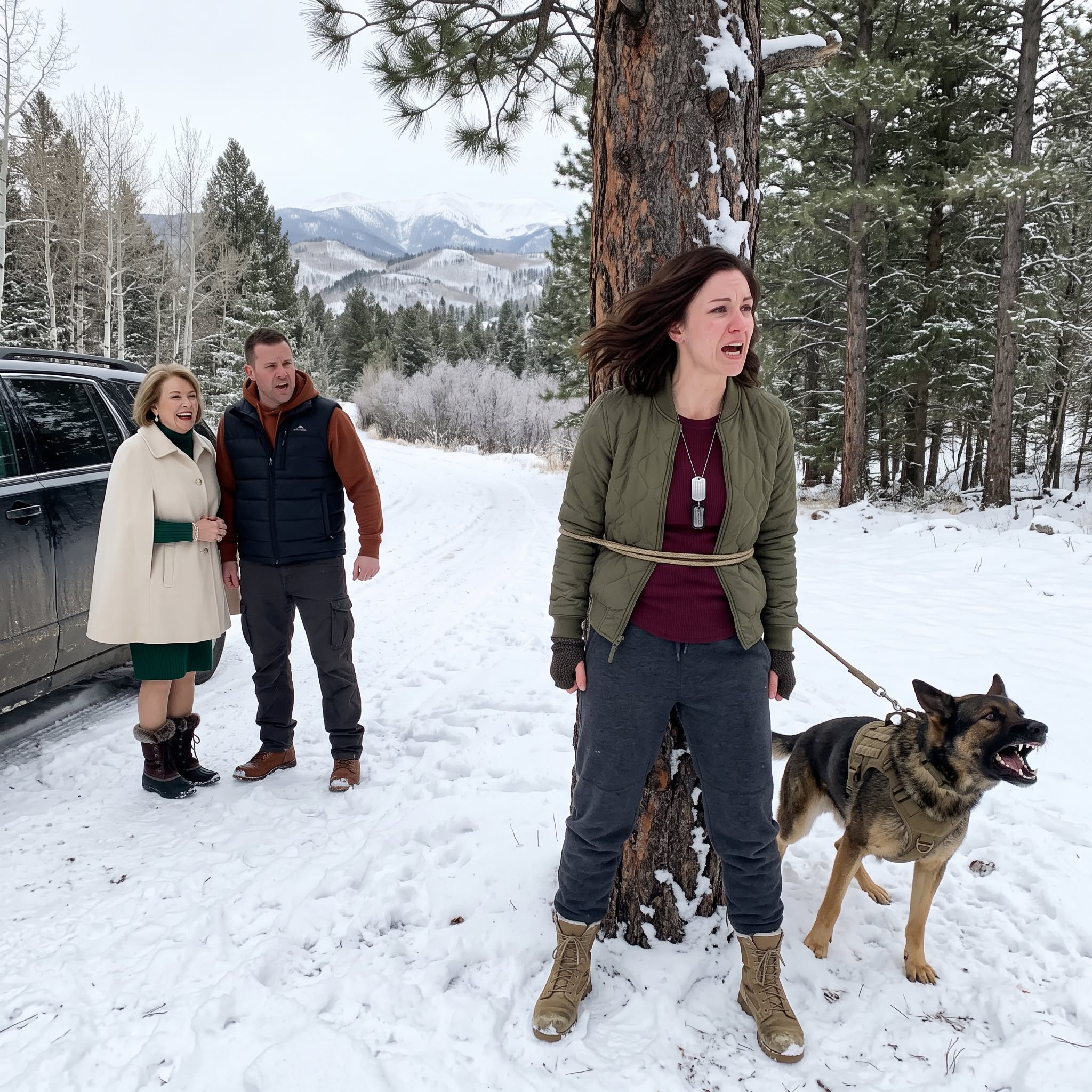 The army doctor said I might not survive the weekend, so my husband offered to bring me home. But in the middle of a snowstorm, he tied me to a frozen pine beside my retired military K9, while his mother laughed that I would not last the night.