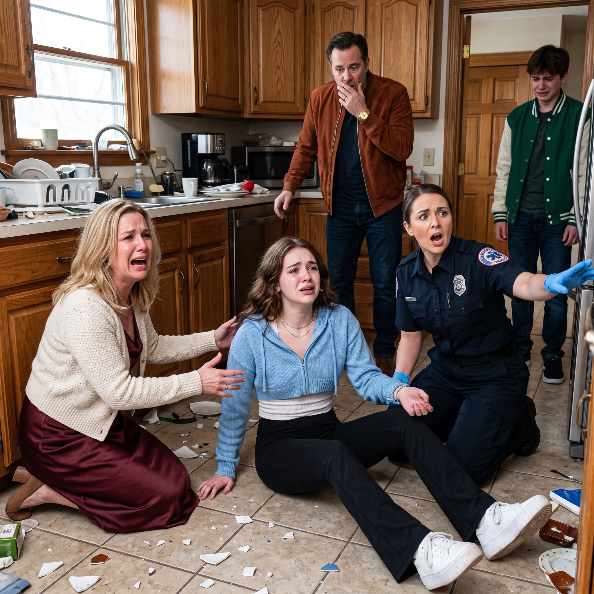 Stop pretending,” my mom snapped while I was gasping for air at the kitchen sink. My uncle said I was only trying to avoid washing dishes. But when the paramedic checked my pulse, his face changed instantly—and his shout for a stretcher turned the whole room into chaos.