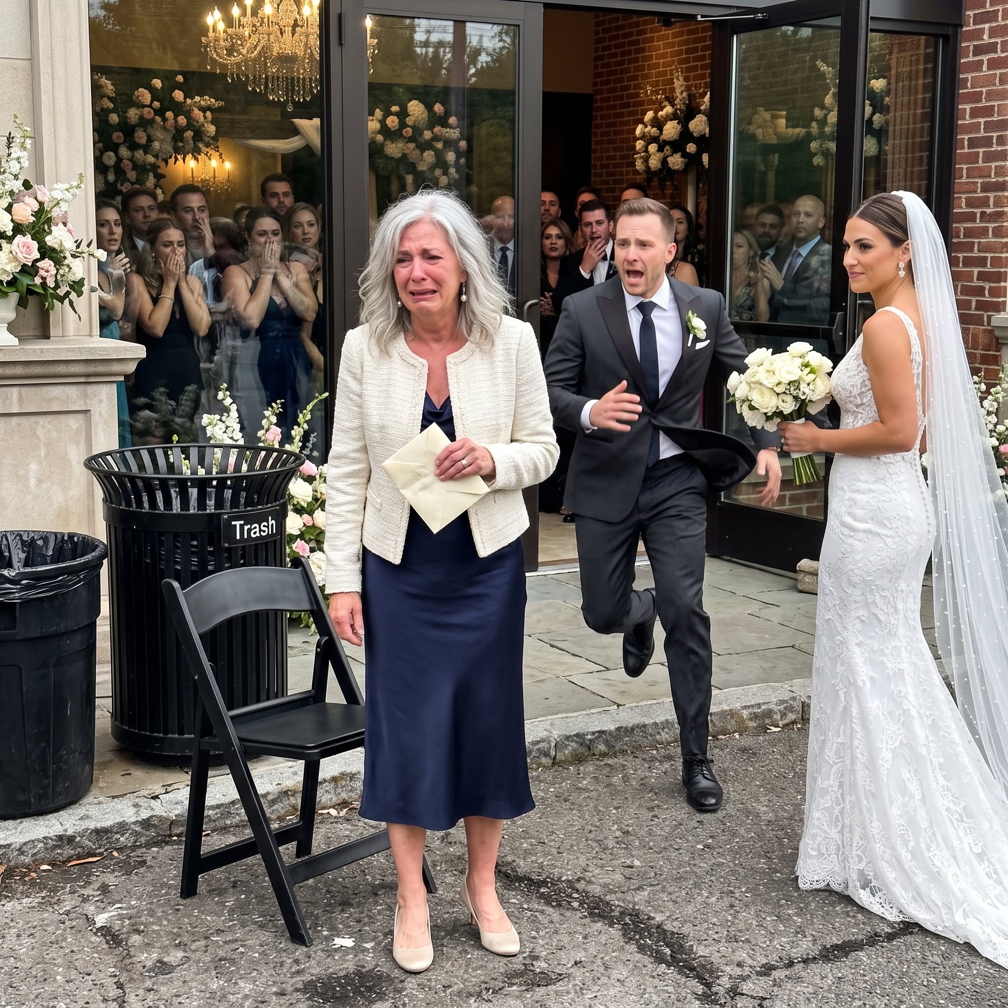 At my son’s wedding, I found my seat outside beside the trash cans. The bride smirked and said, “Guess you don’t count.” I quietly took back my wedding gift and walked away without saying a word. Minutes later, they realized what I had done—and came running after me.