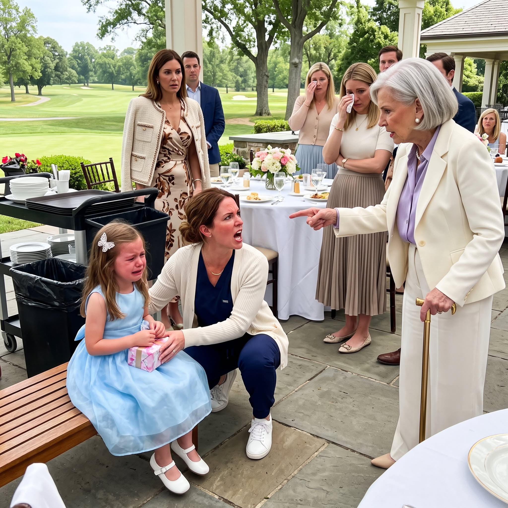 At my cousin’s party, my 7-year-old daughter was mocked for being “poor” and having a “lowly nurse” as her mom. They forced her to sit beside the trash while everyone laughed. Then my husband’s wealthy grandmother found out and made one announcement that drained every face in the room.