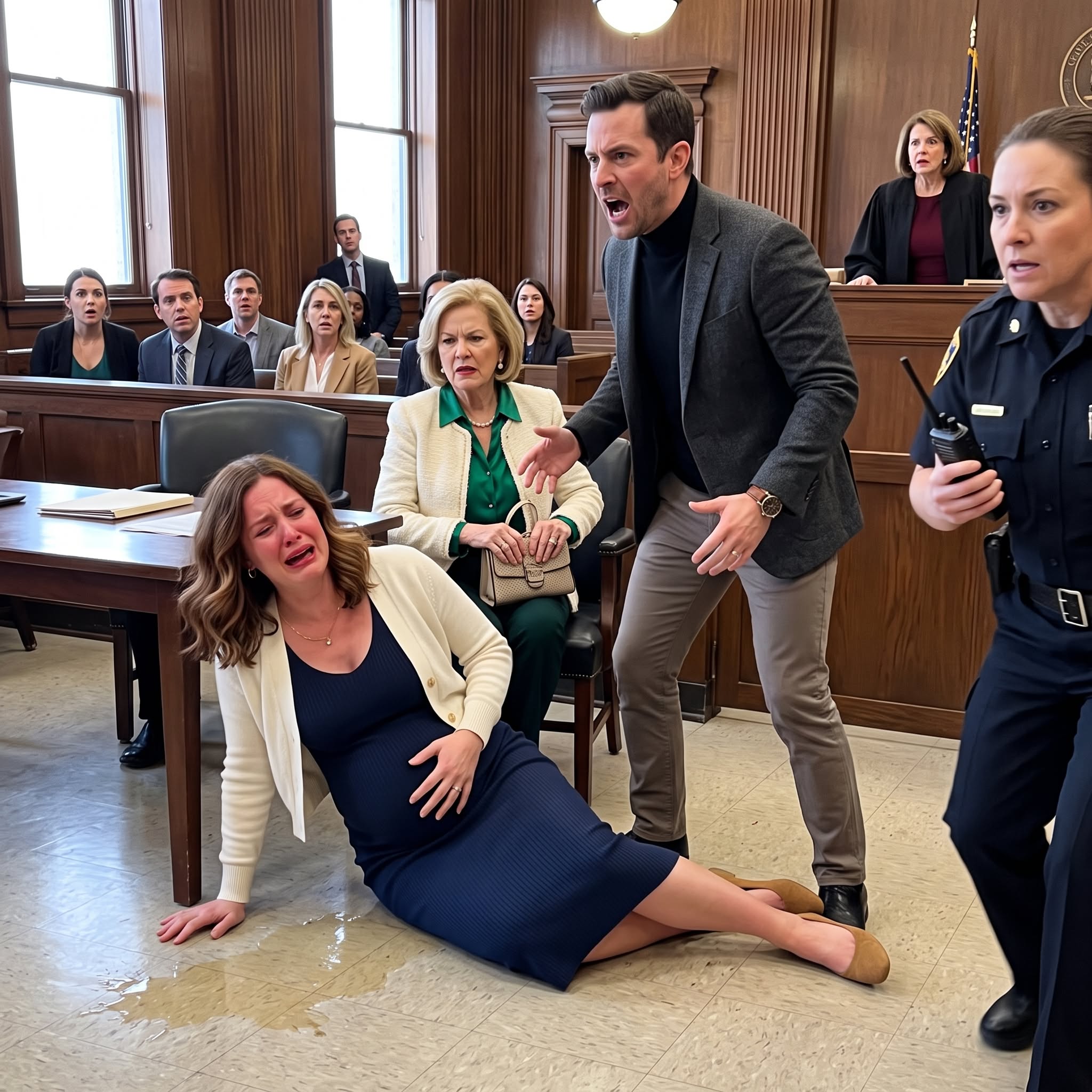 At my divorce hearing, I was eight months pregnant when a sharp pain tore through my belly. My mother-in-law laughed and said I was faking it. My husband smirked, accusing me of delaying court again. Even the judge doubted me—until my water broke across the courtroom floor.