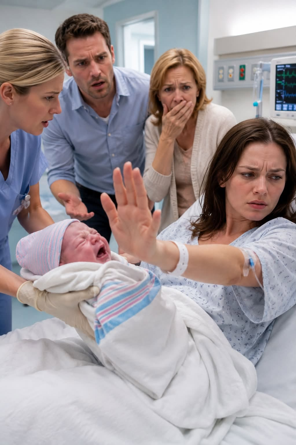 As Midwife Sarah gently laid our wailing newborn onto Elena’s chest, my wife flinched and shoved him abruptly back into the midwife’s arms.