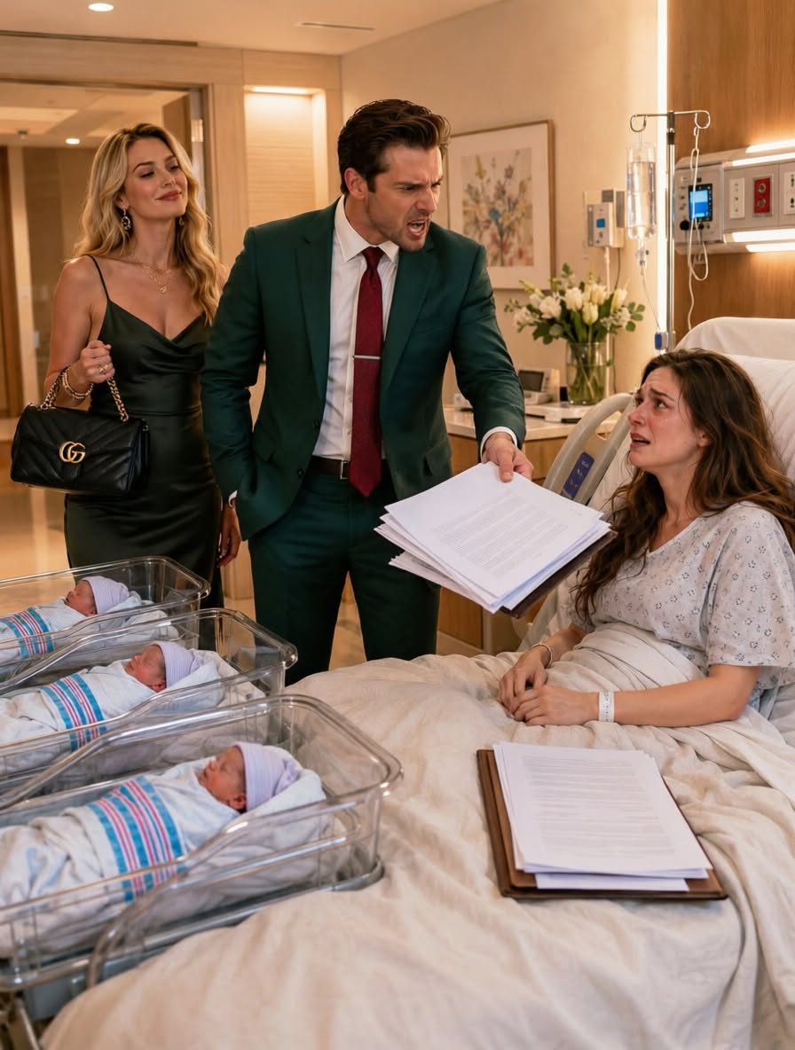 After I delivered our triplets, my husband entered my hospital room with his mistress beside him — proudly holding a Birkin bag. He threw the divorce papers onto my bed and said with a cruel smirk, “Look at you. No one would want you now.”