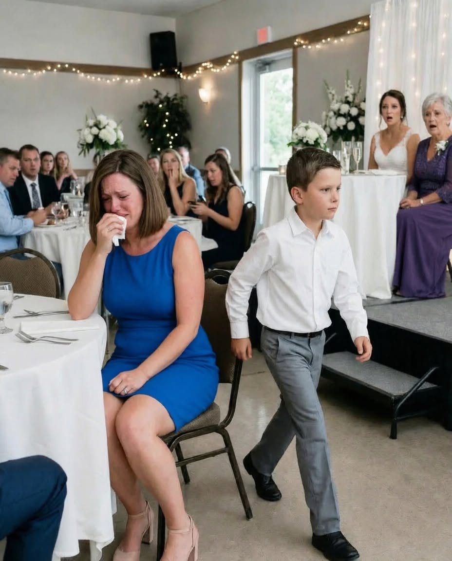 I sat paralyzed as the entire banquet hall erupted in laughter. My brother’s bride had just called me a tragic single mom, and my own mother added that I was like a dented can on a grocery shelf. My cheeks burned, my fingers shook, and then my 8-year-old son stood up and marched toward the stage. They never saw it coming.