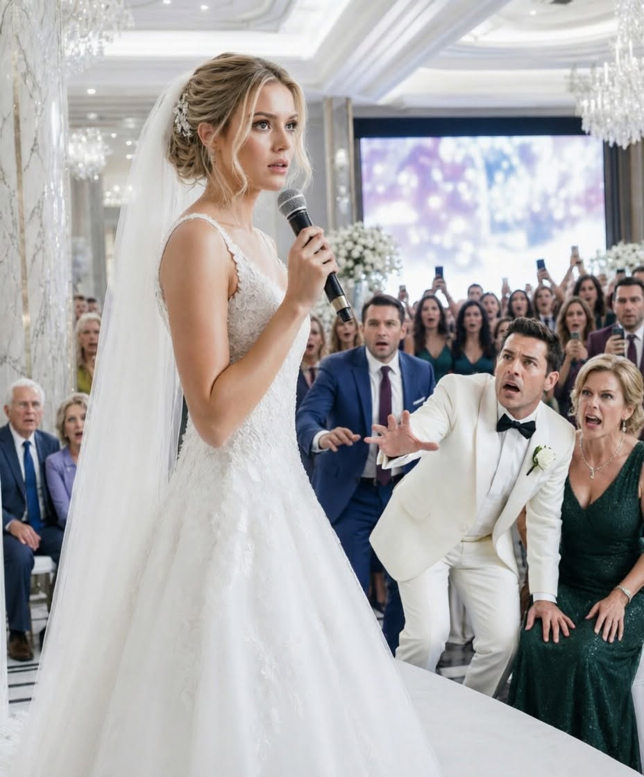 Fifteen minutes before my wedding, I found my parents hidden behind a marble column on two cheap plastic chairs, while my fiancé’s wealthy relatives sat in the front row as if they were royalty. My mother squeezed my hand and whispered, “Please don’t let this ruin your day.” But at that moment, something inside me turned ice-cold. I walked straight to the stage, took the microphone, and smiled at the guests.