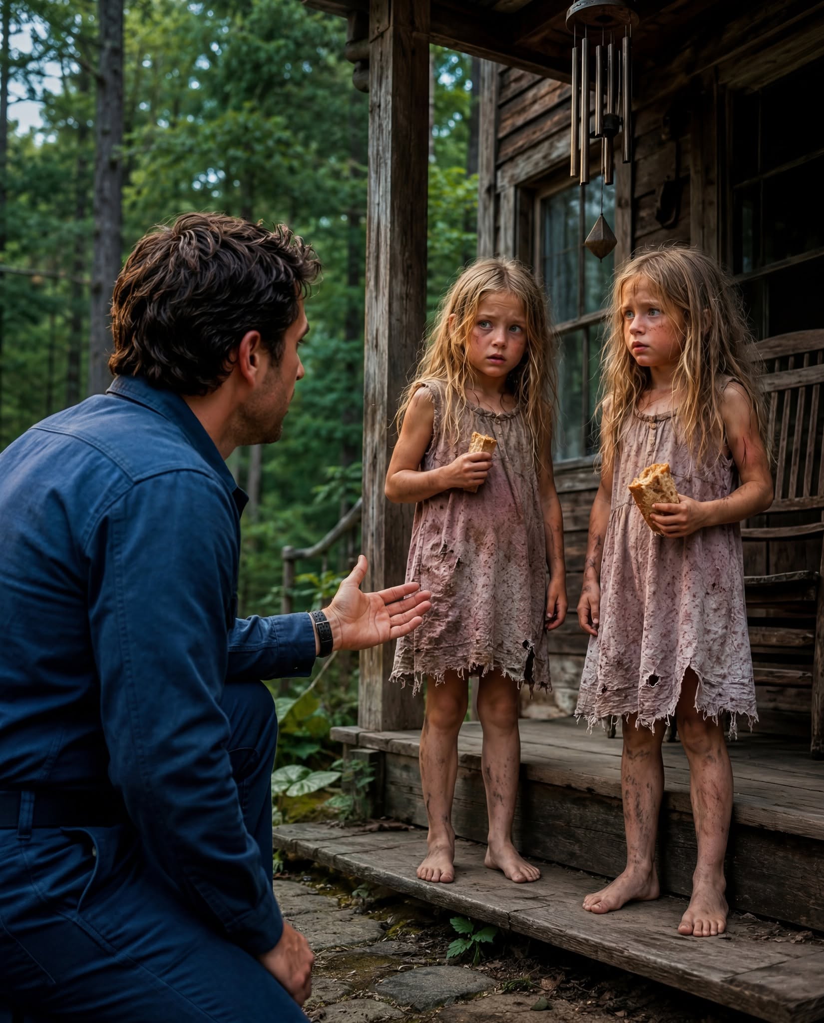 I thought I was driving up to my late wife’s cabin to finally say goodbye. Instead, I found two abandoned twin girls standing barefoot on the deck, clutching stale crackers like they were the last things keeping them alive. Minutes later, one of them whispered my wife’s name… and pointed me toward a concealed path only Sarah had ever known.