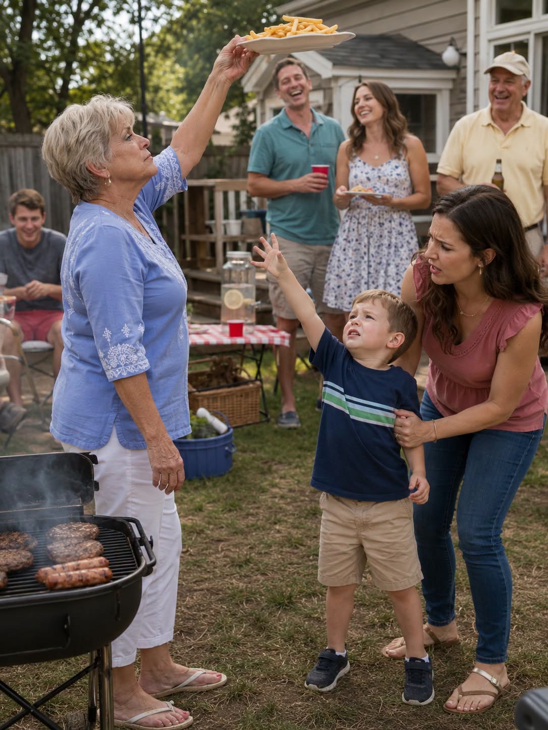 At our family barbecue, my four-year-old son asked for a few fries; my mother moved the plate out of reach and said, “Those are only for my real grandchild”; everyone laughed; I took his hand and walked him to a restaurant; before midnight, Mom was calling over and over; I replied with one word: “Remember...”