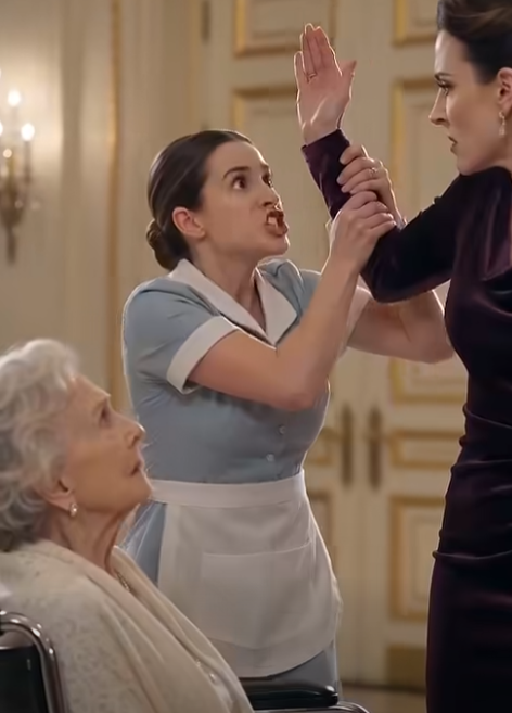 "The entitled heiress raised her glass to drench a timid elderly janitor scrubbing the marble floor