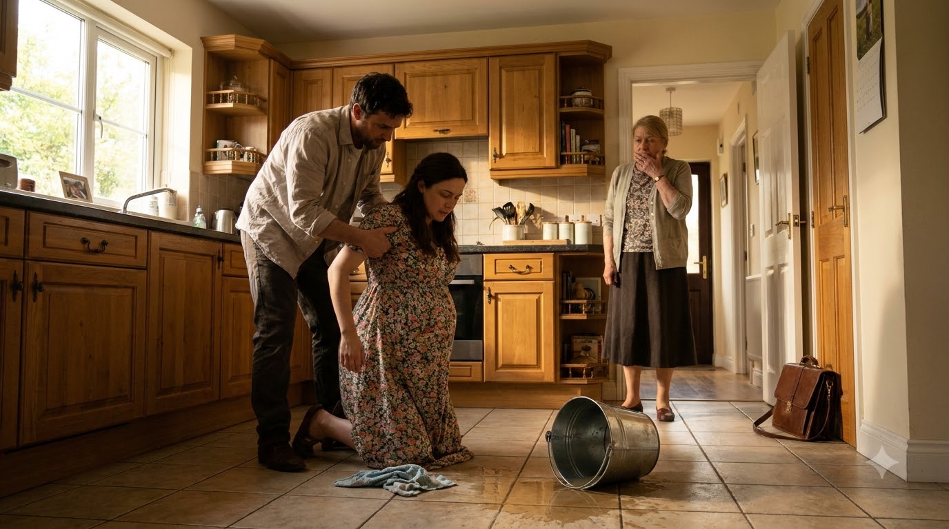 When my husband came home, he found me eight months pregnant, on my knees scrubbing the floor while his mother’s shoe pressed down on my hand. The look on his face changed instantly.