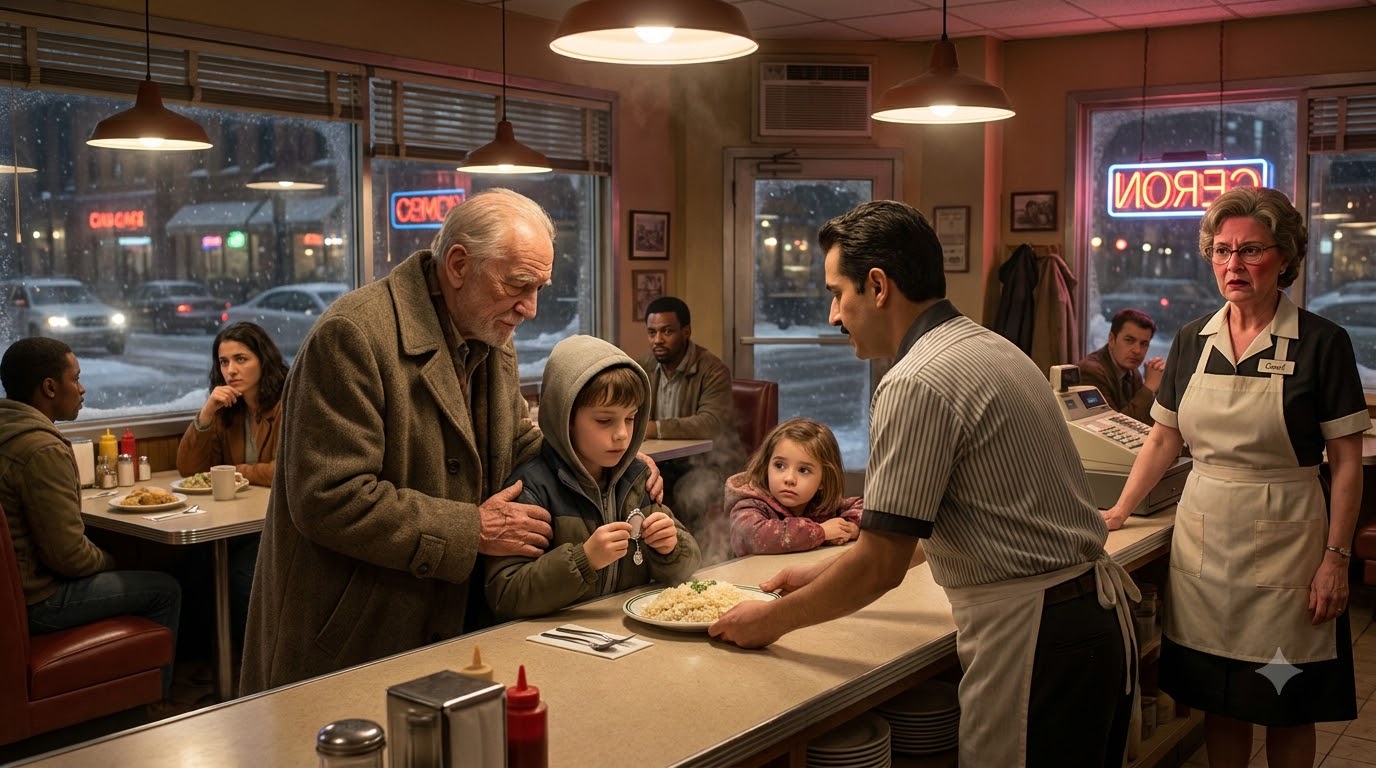 The boy walked into the little diner clutching a handful of coins and quietly asked, “Ma’am, is this enough for one plate of rice?” The owner looked at his dirty clothes and shouted for him to get out.