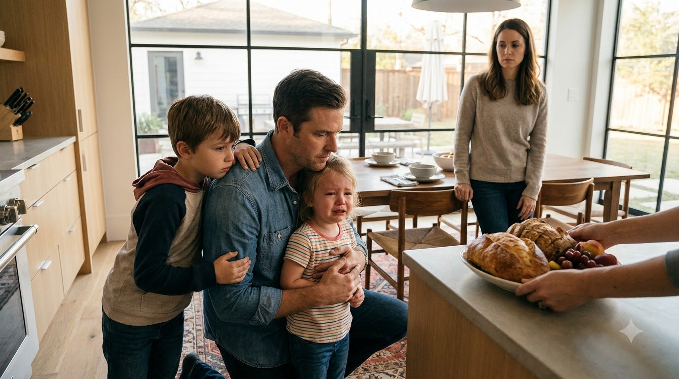 I came home early and heard my three-year-old daughter crying over a piece of bread. Then I saw my wife raise her hand again.