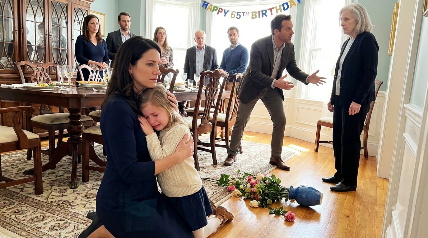 My four-year-old daughter dropped a flower vase at my mother-in-law’s birthday dinner, and before I could even stand up, Evelyn slapped her so hard the entire room went silent.