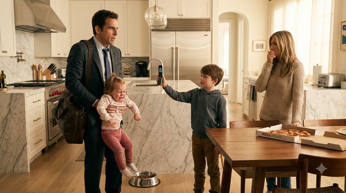 I came home from a business trip two days early and found my 4-year-old daughter on her knees, picking scraps from the dog’s tray while my wife’s son ate pizza at the table.