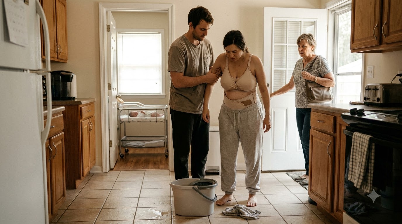Ten days after giving birth, my mother-in-law forced me to kneel on the kitchen floor and scrub it while my stitches still hurt—then threw the filthy rag in my face when I begged her to stop.