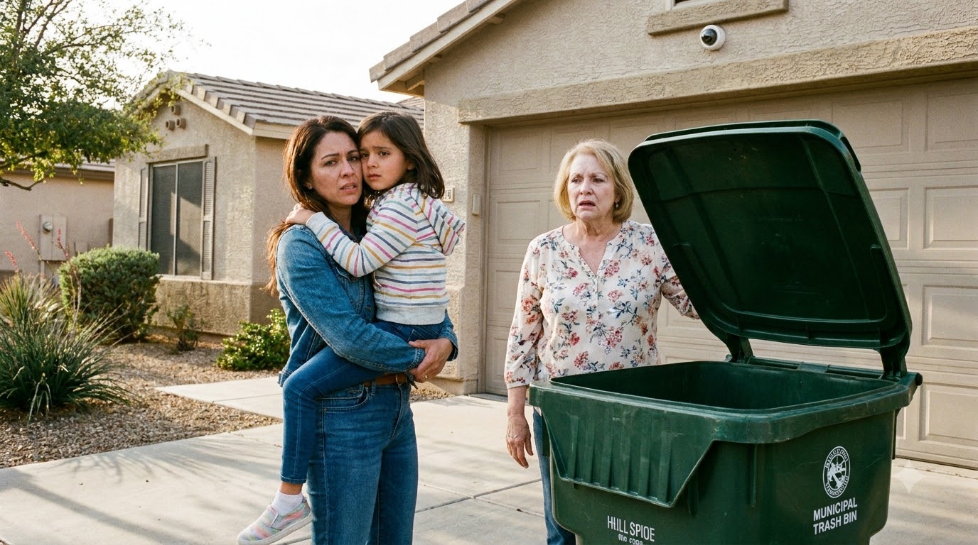 The moment I saw my mother-in-law dragging my three-year-old daughter toward the trash bins, I thought I was imagining it. Then she lifted my little girl and dropped her inside one.
