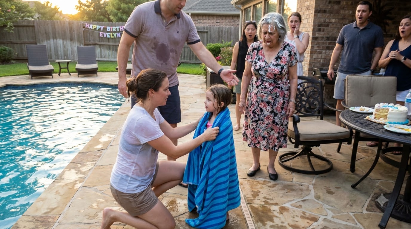 My mother-in-law shoved my five-year-old daughter into the pool because she accidentally broke a bottle of wine at her birthday party—and what I did next made the entire family go silent.