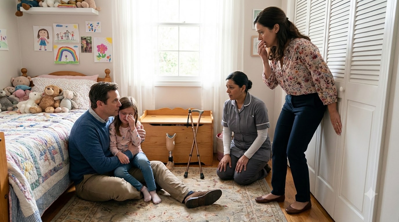 When I came home early and saw my seven-year-old daughter crying on the floor without her prosthetic leg, my wife pointed at our housekeeper and said, “She did this.” Then my daughter grabbed my shirt and whispered, “Daddy, she’s lying.”
