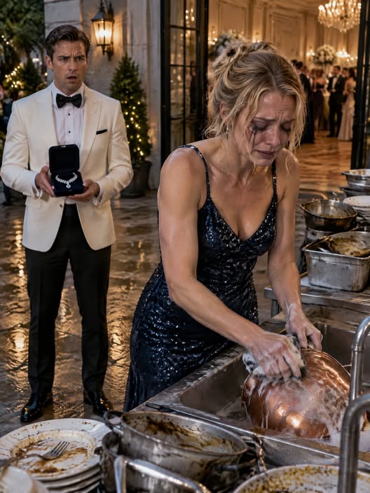 I arrived home early with a diamond necklace for my wife. Instead of surprising her, I found Emily in the service kitchen, soaked and exhausted, scrubbing piles of greasy pots with raw hands while my family celebrated nearby.