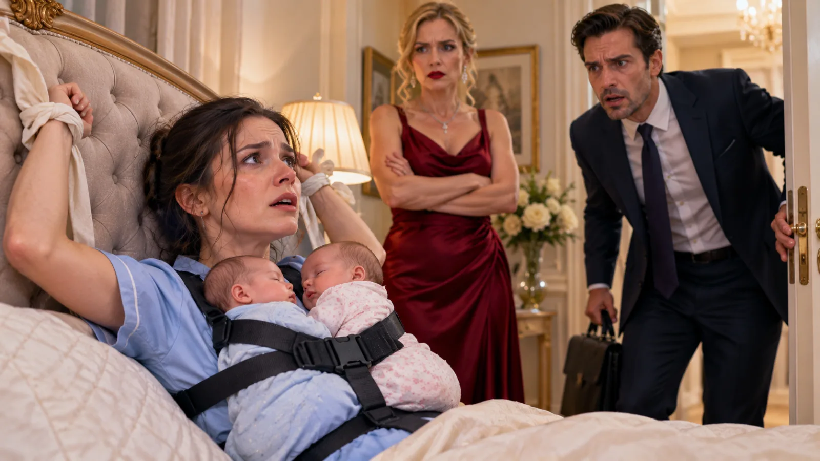 I came home early and found my nanny tied to my bed with my twins strapped to her chest—but what she whispered about my wife made my blood run cold.