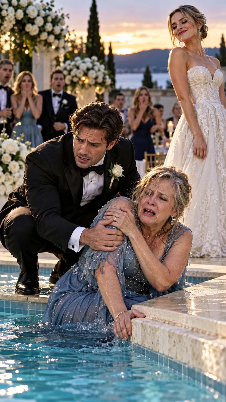 MY DAUGHTER-IN-LAW PUSHED ME INTO THE POOL AT HER WEDDING—THEN MY SON HEARD SIX WORDS THAT CHANGED EVERYTHING.