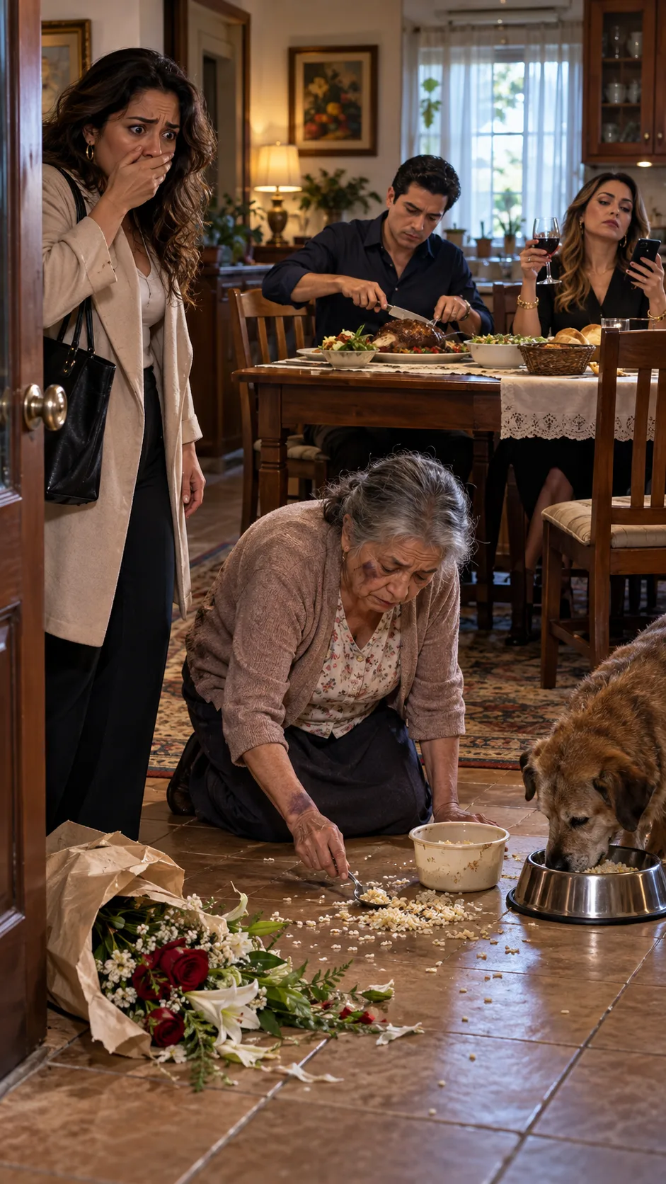 **I BROUGHT FLOWERS TO SUNDAY LUNCH—AND FOUND MY 78-YEAR-OLD MOTHER EATING ON THE FLOOR BESIDE THE DOG. MY BROTHER DIDN’T EVEN LOOK UP. BUT WHEN MOM WHISPERED, “HE WATCHES THIS EVERY DAY,” I KNEW I WAS ABOUT TO EXPOSE A FAMILY SECRET THEY’D DO ANYTHING TO HIDE.**