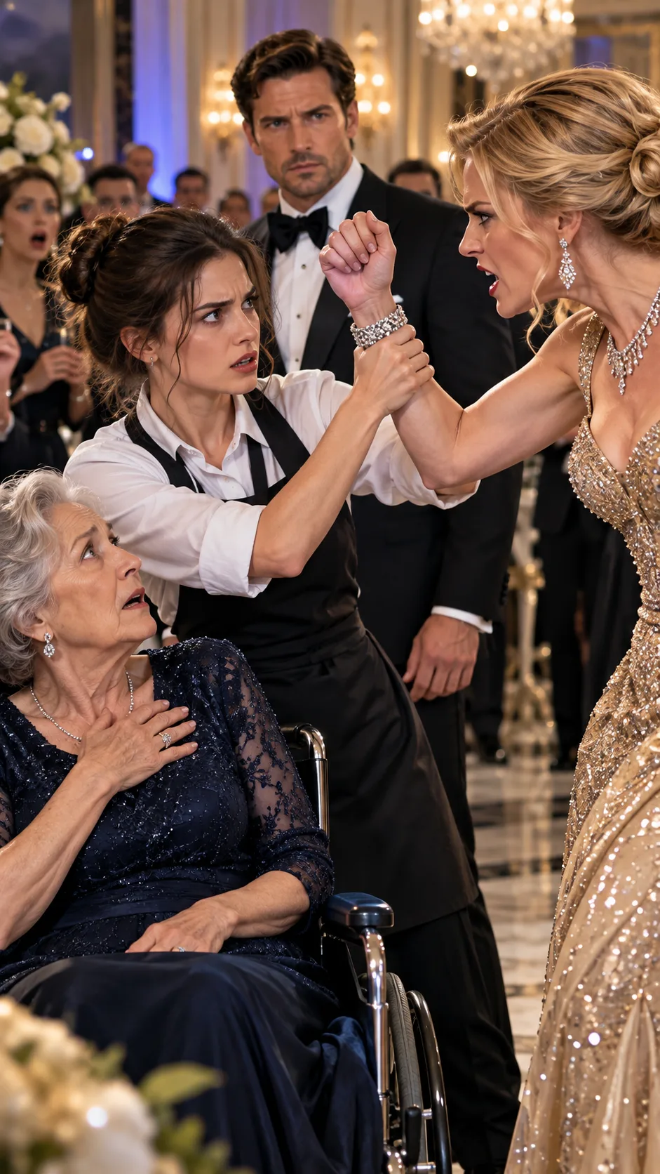 A WAITRESS STOPPED A MILLIONAIRE SOCIALITE FROM SLAPPING AN ELDERLY WOMAN IN A WHEELCHAIR—THEN A BILLIONAIRE WALKED IN, KNELT BEFORE THE WOMAN, AND SAID ONE WORD THAT SILENCED THE ENTIRE BALLROOM: “MOTHER!”