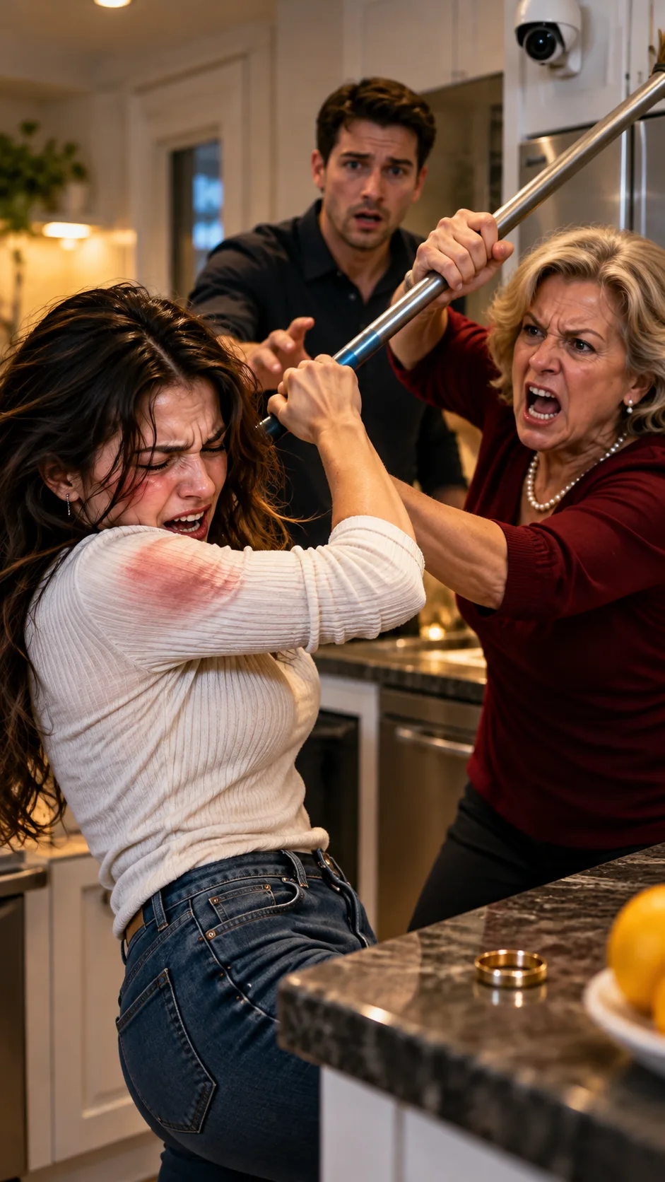 MY MOTHER-IN-LAW BEAT ME WITH A METAL BROOM HANDLE WHILE MY HUSBAND JUST WATCHED—THEN I POINTED TO THE CAMERA ABOVE THE KITCHEN DOOR, AND HE DROPPED TO HIS KNEES BEGGING ME NOT TO CALL THE POLICE.