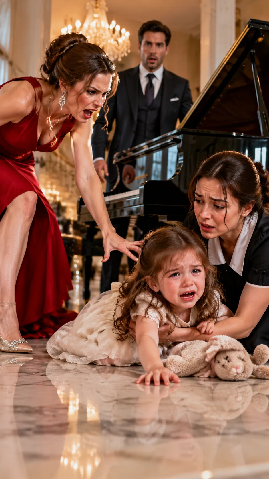 **A BILLIONAIRE’S FIANCÉE SHOVED MY 3-YEAR-OLD DAUGHTER ONTO A MARBLE FLOOR FOR TOUCHING HIS PIANO—BUT WHEN HE LOOKED INTO HER GRAY-GREEN EYES, HE DROPPED TO HIS KNEES AND REVEALED THE SECRET I’D RISKED EVERYTHING TO HIDE FOR FOUR YEARS.**