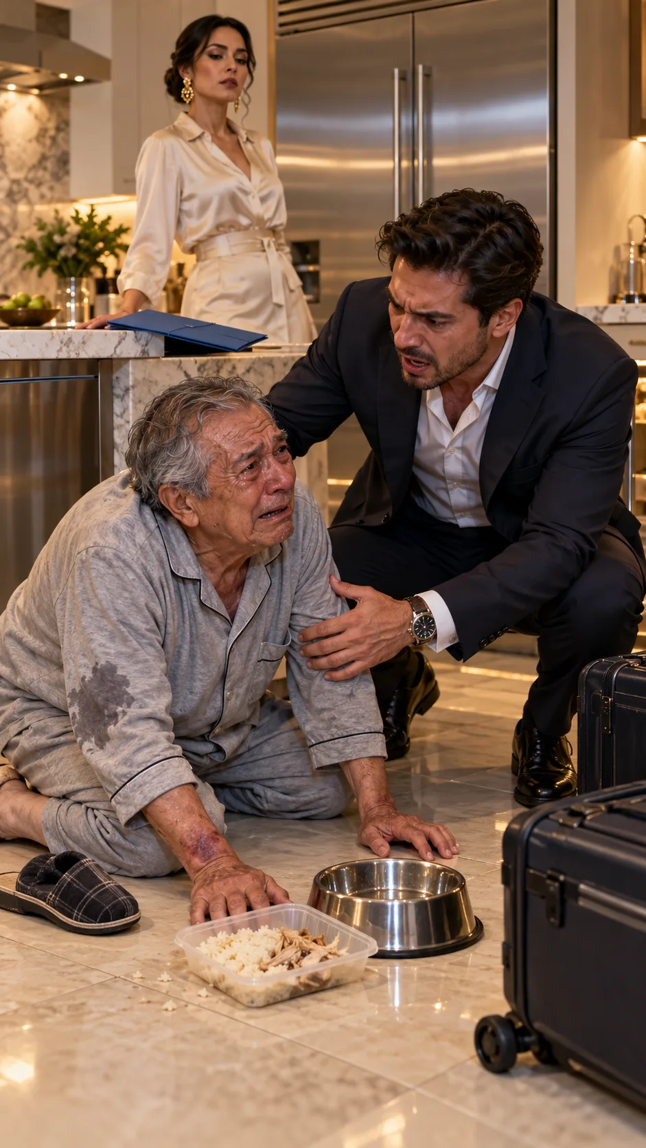😱 **I CAME HOME EARLY AND FOUND MY 82-YEAR-OLD FATHER ON HIS KNEES, EATING BESIDE THE DOG'S BOWL. MY WIFE COLDLY SAID, “HE SHOULD BE GRATEFUL I LET HIM LIVE HERE!”—BUT WHEN MY FATHER REVEALED WHAT SHE'D BEEN DOING BEHIND MY BACK, I DROPPED MY SUITCASES… AND MADE A DECISION SHE NEVER SAW COMING!** 💔😡