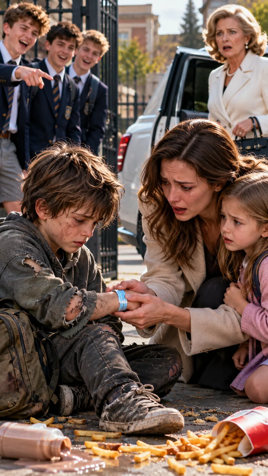 Rich Kids Dumped Food on a Homeless Boy Outside My Daughter’s School—Then I Saw the Hospital Bracelet on His Wrist and Realized He Was the Son I Lost 9 Years Ago!