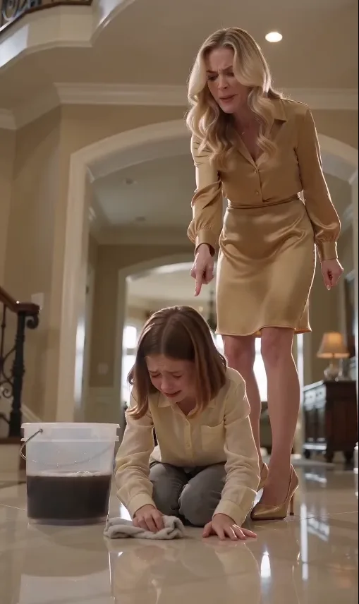 **I Came Home Early With Cinnamon Rolls and Found My 12-Year-Old Daughter on Her Knees Scrubbing the Floor While My Wife Drank Wine With Her Friends—Then Her English Teacher Stood Up and Exposed a Lie That Made My Wife Turn Pale.**