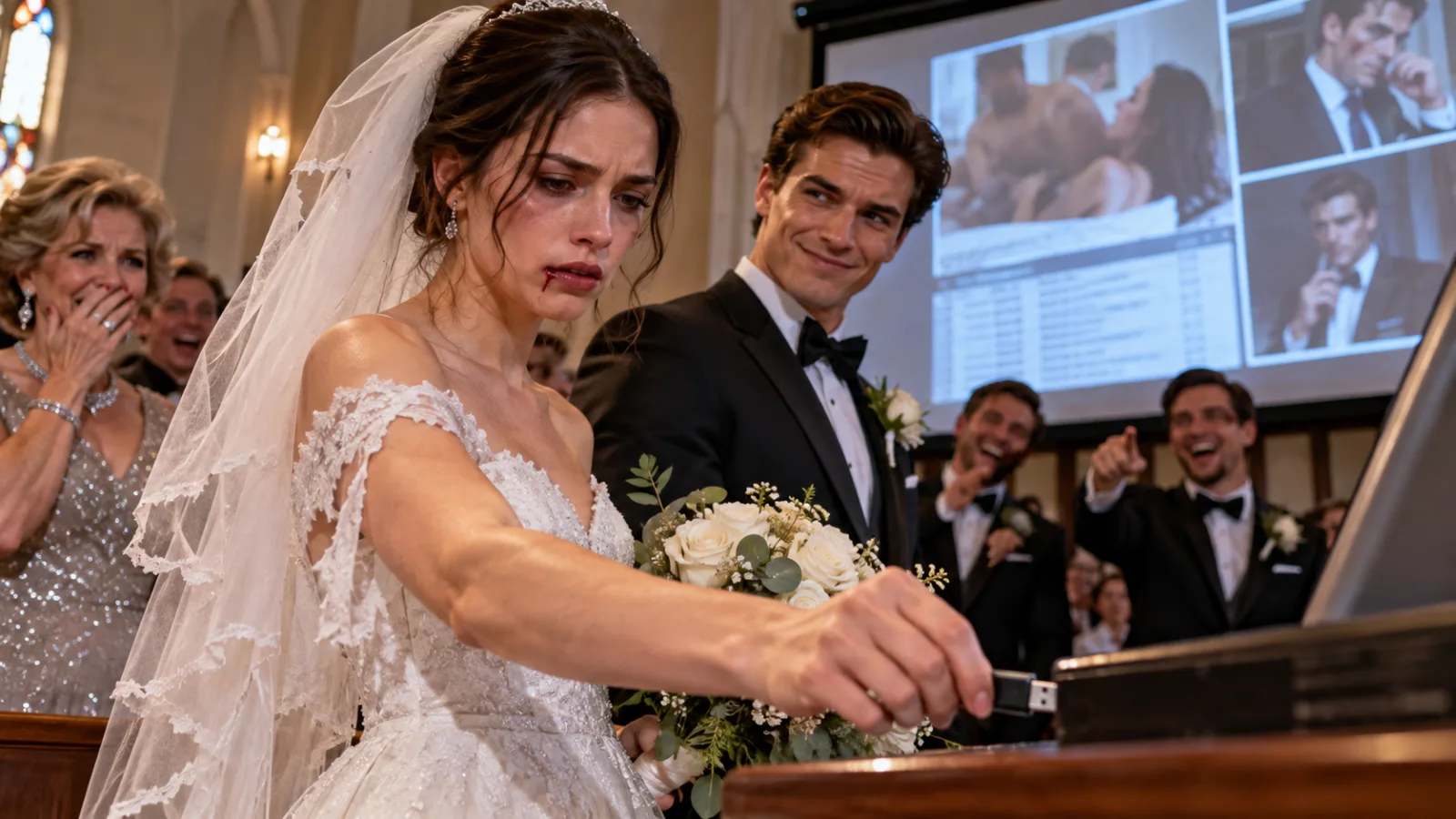 MY FIANCÉ HUMILIATED ME AT THE ALTAR WITH A SPLIT LIP—THEN I PLUGGED IN A FLASH DRIVE THAT DESTROYED HIS ENTIRE FAMILY