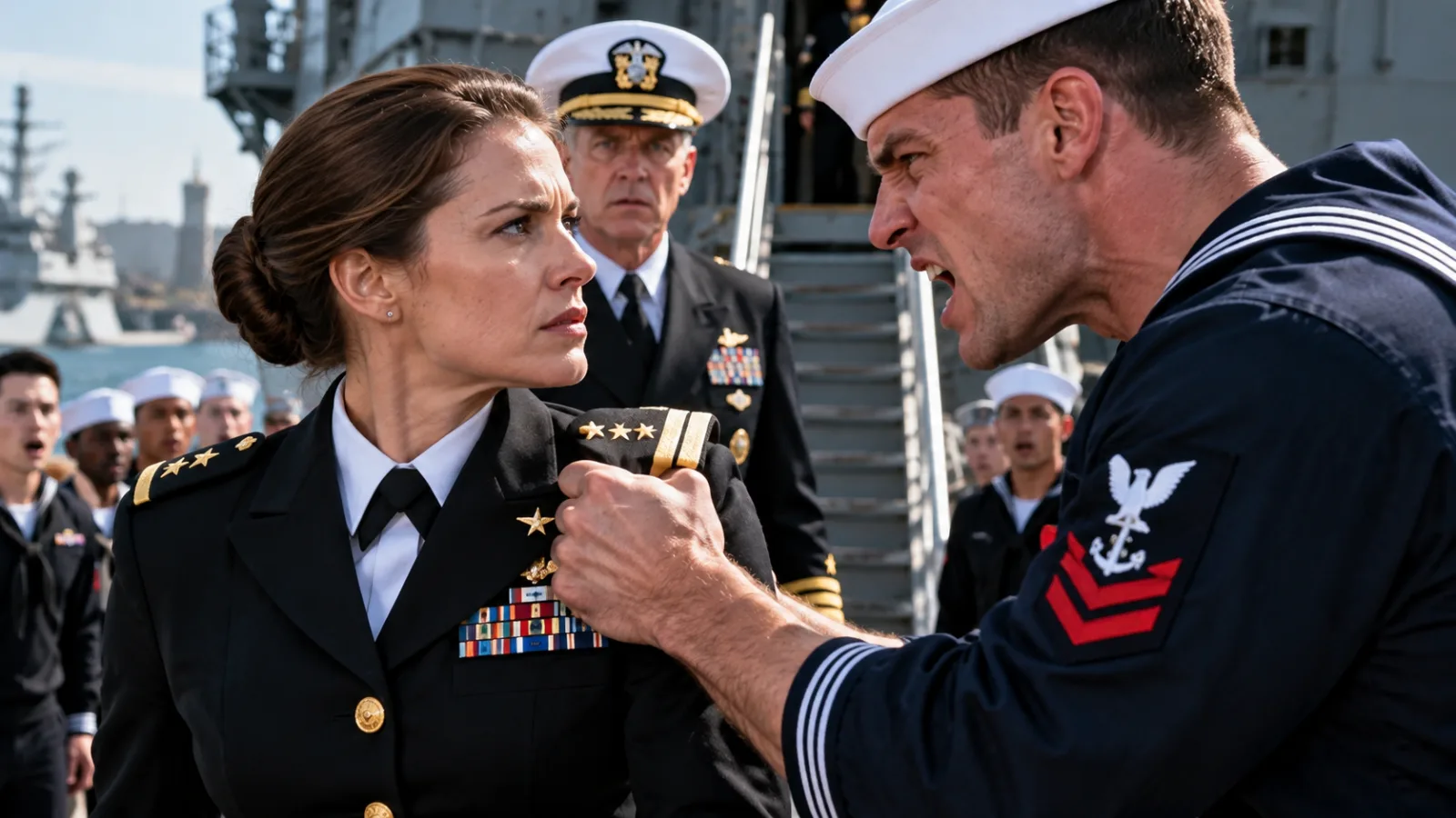 My Brother Grabbed My Navy Uniform and Called Me a Fraud in Front of His Entire Crew—Then a One-Star Admiral Saw My Two Stars and Spoke Five Words That Left Everyone Frozen.