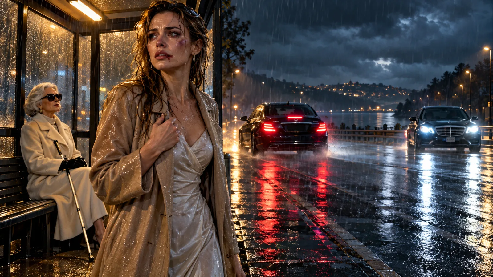 MY HUSBAND LEFT ME AT A BUS STOP IN THE POURING RAIN—THEN A BLIND BILLIONAIRE WHISPERED, “PRETEND YOU’RE MY GRANDDAUGHTER.” BY MORNING, HIS EMPIRE WAS FALLING APART.