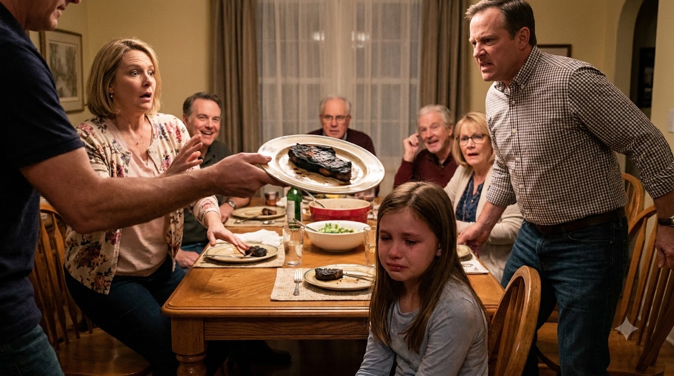 Helen placed a perfectly cooked steak in front of Ethan.
