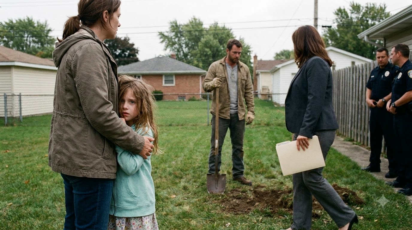Cole raised a shovel over seven-year-old Wren beside a freshly dug hole.