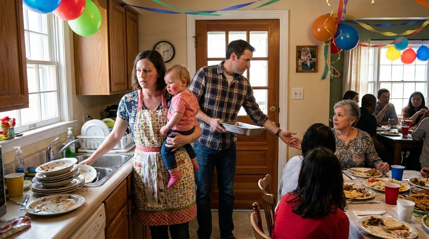 I walked through the back door and found my wife washing twenty relatives’ dishes while holding our feverish baby.