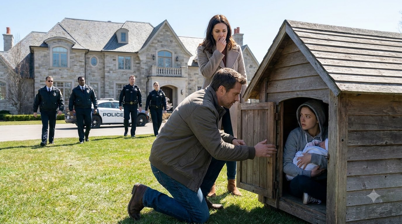 Adrian looked through the mansion window and saw Vanessa shoving his children into a doghouse.