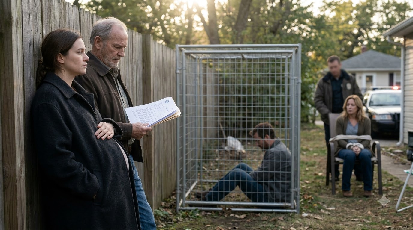 My husband locked me in a dog kennel at eight months pregnant for refusing his mother my bank card—then Dad arrived, caged him instead, and uncovered their forged plan to steal my baby.