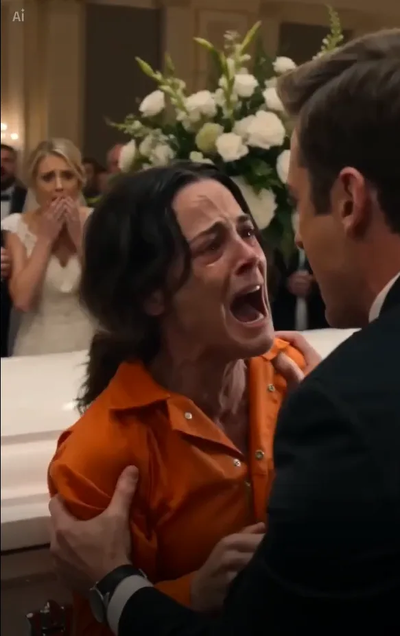 A desperate escaped convict in an orange prison jumpsuit suddenly bursts into a luxurious wedding, screaming in terror as two armed guards frantically chase her!