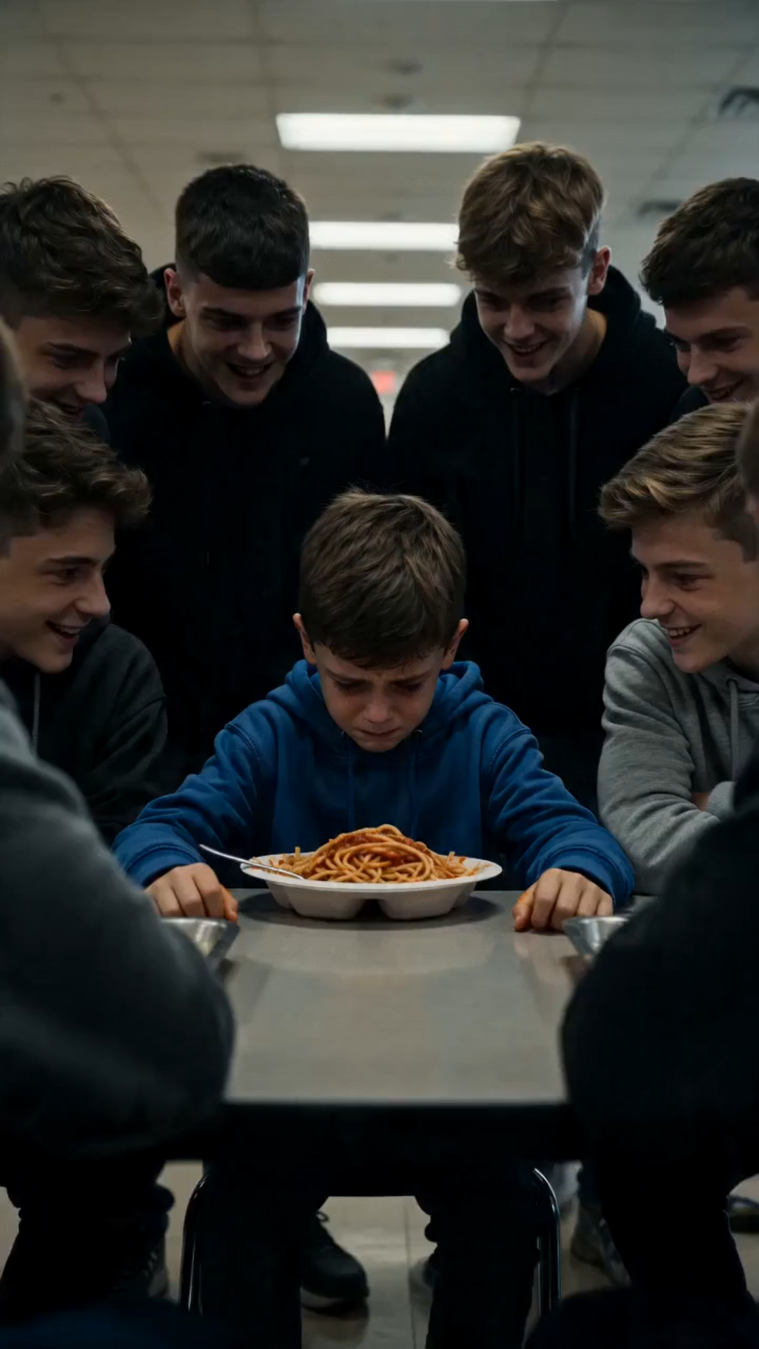 THE ENTIRE CAFETERIA LAUGHED WHEN THEY POURED NOODLES ON A LITTLE BOY — THEN SIX BIKERS WALKED THROUGH THE DOORS AND EVERYTHING STOPPED