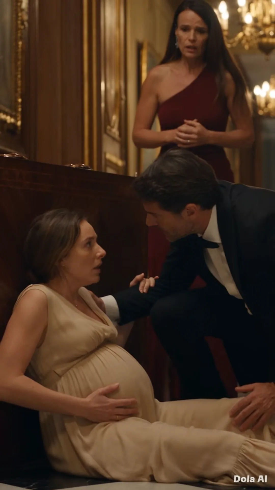 Dans le couloir du manoir, Éléna fait tomber Claire enceinte puis ment à Julian — mais la caméra révèle ce qu’elle avait préparé avant son arrivée