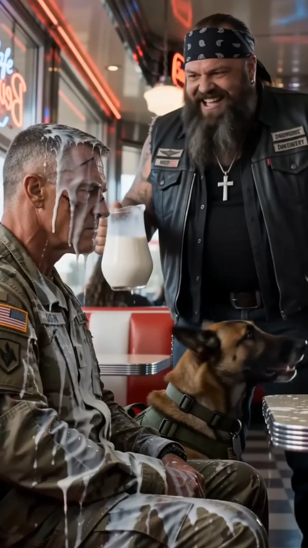 A Biker Poured Milk Over a Veteran and His Service Dog—Then the Veteran Saw the Patch on His Vest and Said, “I Know What You Did.”